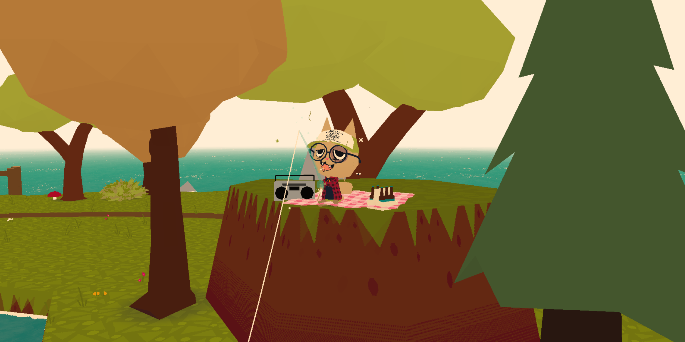 a low poly cat with a green hat a red flannel and a dark blue shirt sitting on a blanekt with a speaker and a six pack of beer fishing
